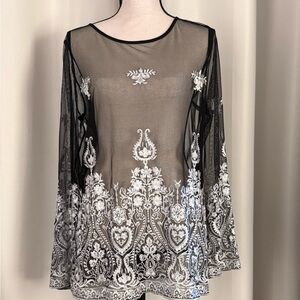 INC International Concepts Black Sheer Mesh Top with White Embroidered Motifs